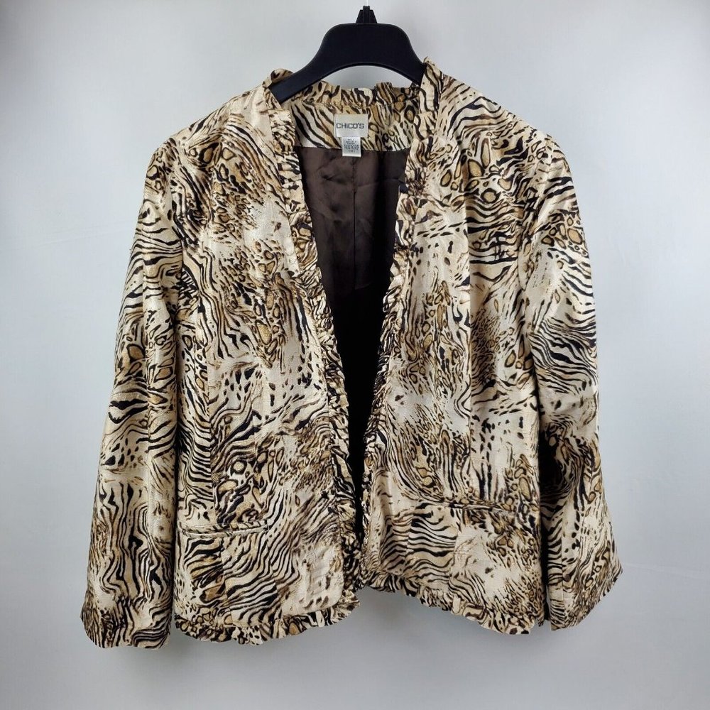 Chicos Womens Jacket Blazer Open Front Lined Brown Animal Print Chicos 3=XL Silk